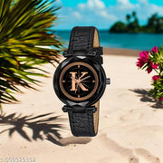 Atix ALPHABET "K" Stylish New Arrival Analog Watch - Trendy Round Black Dial and Black Leather Strap for Women and Girls| Pack of 1 | ALPHA-K-GEN-BK-BLK-CUTL