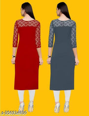 Polyster/Crepe fabric-Pack of 1 Casual And Round-Neck 3/4 Length Sleeves Red & Grey Kurti (42"Inches)