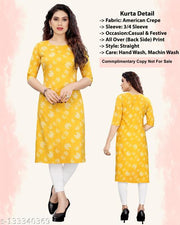 Women Printed Straight Yellow Kurtis