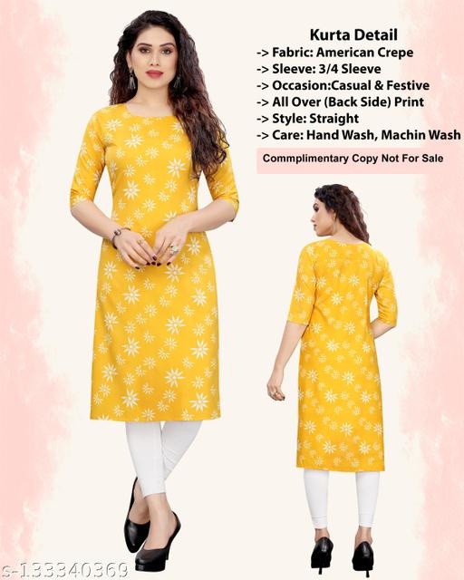 Women Printed Straight Yellow Kurtis