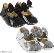Neska Moda 6 To 12 Months Baby Girls Belly Shoe Fancy Partywear Bow Baby Sandal Velcro Booties (Toe to Heel Length - 12 cm, Black, Silver)-BT1610andBT1612