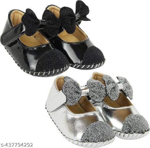 Neska Moda 6 To 12 Months Baby Girls Belly Shoe Fancy Partywear Bow Baby Sandal Velcro Booties (Toe to Heel Length - 12 cm, Black, Silver)-BT1610andBT1612