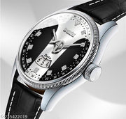 3D Glass Date Display Dial Leather Belt Analog Watch - for Men