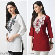 Short Kurta For Women Rayon white Embroidery Short Kurtis Combo