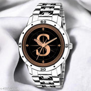 Welix Analog Round Black Dial ALPHABET S Design Stylish Silver Stainless Steel Strap Classic Design Fancy Wrist Watch for Men and Boys, Pack of 1 - ALPHA-S-AVO-SIL-STL