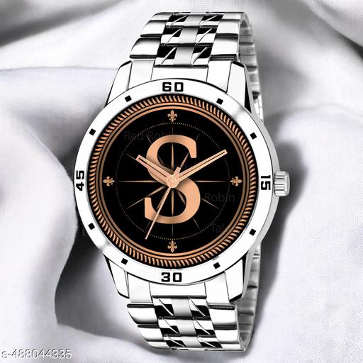 Welix Analog Round Black Dial ALPHABET S Design Stylish Silver Stainless Steel Strap Classic Design Fancy Wrist Watch for Men and Boys, Pack of 1 - ALPHA-S-AVO-SIL-STL