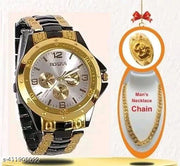 Gold Dial Golden Wrist watch for men watch With free ring And  Men With Free Designer Flat Chain gold plated chain