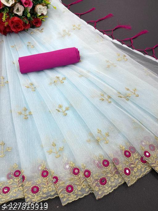 Elegant Women's Embroidered Saree with Mirror Work Design, Fancy Tassels and Matching Unstitched Blouse for Traditional and Ethnic Wear