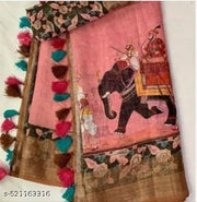 ANVI PRINTS Designer Linen Cottan Saree Pink