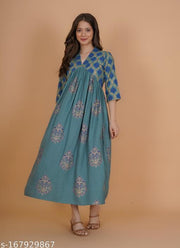 INDIANIC Women Rayon Gold Print Flared Kurta (Green)