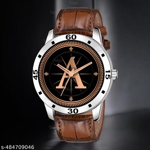 Talgo Analog Round Black Dial ALPHABET A Design Stylish Brown Leather Strap Classic Design Fancy Wrist Watch for Men and Boys, Pack of 1 - ALP-A-AVO-SIL-DBRW-CRL