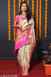 Cream-pink Kanjivaram Soft Lichi Silk Saree With Blouse Piece For Women's
