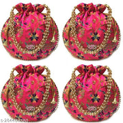 Foxtree 4 Pcs Indian Handmade Embroidered Potli Combo For Womens & Girls Wristlets Handbags To Carry In Parties, Weddings And Social Events Purses.