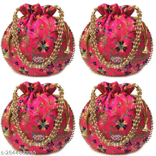 Foxtree 4 Pcs Indian Handmade Embroidered Potli Combo For Womens & Girls Wristlets Handbags To Carry In Parties, Weddings And Social Events Purses.