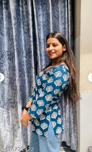 Teal Blue Short Kurti For Women and Girls, Handblock Printed Kurti