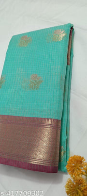 Cotton Kota Doriya in C Green colour with zari booti , fine border and running blouse ,