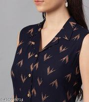 BluGrass: Sleeveless kurti with a shirt collar- Front and Side slit, Blue-Gold