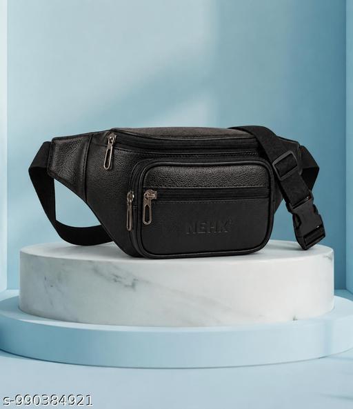 NEHX Premium Leather Waist Bag for Men & Women, Multi Pocket Sling Belt Bag, Adjustable Crossbody Chest Bag, Water Resistant Travel Pouch, Stylish Fanny Pack for Travel, Daily Use, Hiking, Cycling, Running & Outdoor Activities, Black