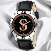 Welix Analog Round Black Dial ALPHABET S Design Stylish Black Leather Strap Classic Design Fancy Wrist Watch for Men and Boys, Pack of 1 - ALPHA-S-AVO-SIL-BLK-L