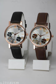Attractive Flower Design Lather Belt  Analog Watches Combo For Girls & Women