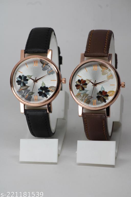 Attractive Flower Design Lather Belt  Analog Watches Combo For Girls & Women