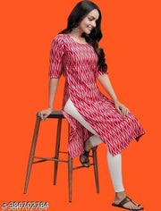 Polyster/Crepe fabric-Casual Round Neck Short Sleeves Chevron Pattern Printted Baby Pink Stylish Kurti ("42" inches)