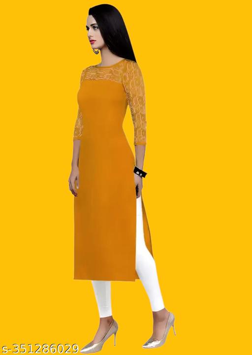 Casual American Crepe And Net Round-Neck 3/4 Length Sleeves Yellow Kurti (45"Inches)