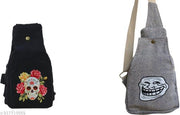 Black & Grey Canvas Sling Bag with Floral Sugar Skull Print & Funny Troll Face Design | Unisex Crossbody Shoulder Bag for Women & Men | Travel College Casual Multipurpose Messenger Bag