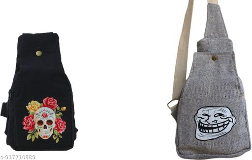 Black & Grey Canvas Sling Bag with Floral Sugar Skull Print & Funny Troll Face Design | Unisex Crossbody Shoulder Bag for Women & Men | Travel College Casual Multipurpose Messenger Bag
