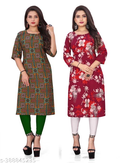 Women Crepe Fabric Printed Straight Kurti, Size -S, M, L, XL, XXL, 2XL, XXXL, 3XL, 4XL, 5XL ( New Arrival New Design Fashionable Kurti Combo of 2)