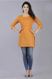 Women Cotton Solid 3/4th Sleeve V-neck Short Kurta-Orenge
