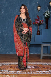 Black bandhani Saree with Lace Border, Comfortable Georgette Printed Daily Wear Saree with unstitched Blouse Piece, New Arrival Latest saree, Trending Saree