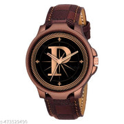 Prathshya Analog Round Black Dial ALPHABET P Design Stylish Brown Leather Strap Classic Design Fancy Wrist Watch for Men and Boys, Pack of 1 - ALPHA-P-3K-BRW-CHL