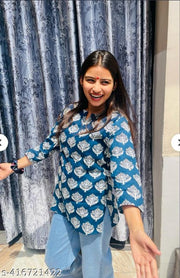 Teal Blue Short Kurti For Women and Girls, Handblock Printed Kurti