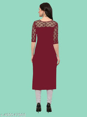 Casual American Crepe And Net Round-Neck 3/4 Length Sleeve Maroon Kurti (45"Inches)
