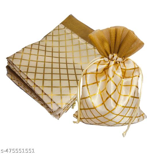 3A FEATURETAIL 13Cm X 18Cm 10pc Cream Color Golden Berfi Print Small Drawstring Bags Pouches Potli For Gift, Jewelry, Dryfruits & Candy
