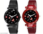 Luxury Studded Color New Mesh Magnet Buckle Starry sky Quartz Sparkling Magnetic Strap Magnet watch Red Girls and Women.