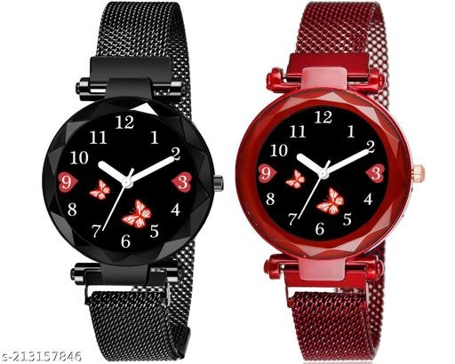 Luxury Studded Color New Mesh Magnet Buckle Starry sky Quartz Sparkling Magnetic Strap Magnet watch Red Girls and Women.