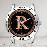 Welix Analog Round Black Dial ALPHABET R Design Stylish Black Leather Strap Classic Design Fancy Wrist Watch for Men and Boys, Pack of 1 - ALPHA-R-AVO-SIL-BLK-L