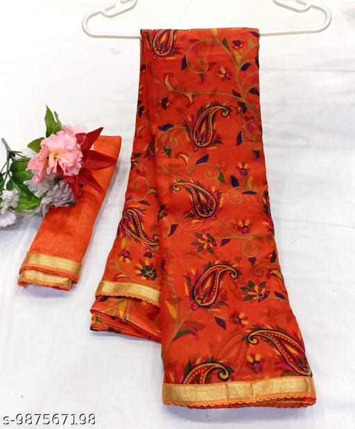 Daily Wear Orange  Georgette Lace Border Saree With Unstitched Blouse Piece