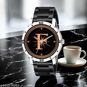 Femeo  Analog 9109 Watches Round Black Dial F Design Stylish Black PUU Strap Classic Design Fancy Wrist Watch for Men and Boys, Pack of 1 - A07ZALPHA-F-AVO-SIL-CDBLK
