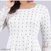 White Anarkali Kurti with Gold Print