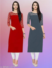 Pack of 1 Casual American Crepe And Net Round-Neck 3/4 Length Sleeves Red & Grey Kurti (42"Inches)