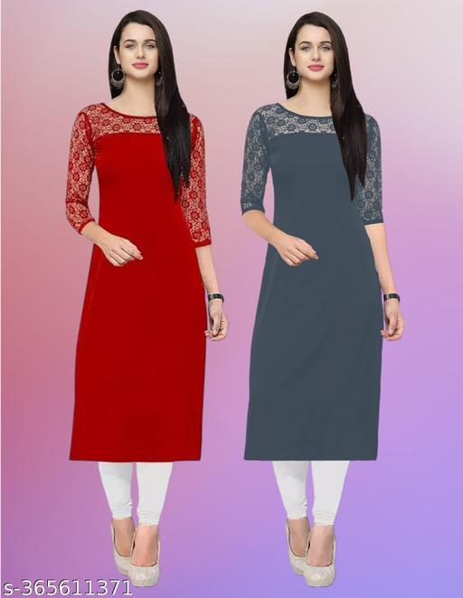 Pack of 1 Casual American Crepe And Net Round-Neck 3/4 Length Sleeves Red & Grey Kurti (42"Inches)