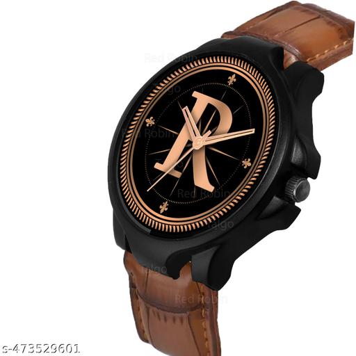 Prathshya Analog Round Black Dial ALPHABET R Design Stylish Brown Leather Strap Classic Design Fancy Wrist Watch for Men and Boys, Pack of 1 - ALPHA-R-3K-BLK-DBRW-CRL