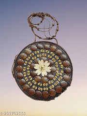 Coconut Shell Beaded Sling Crossbody Long Strap Purse Bags for Women Handmade Wicker Woven Summer Beach Bags Pack of 1 Size: 7 X 2 X 7 Inches