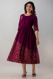 New Stylish Gold Print Rayon Anarkali Long Flared Kurti