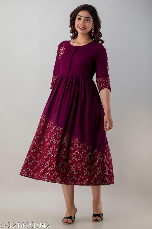New Stylish Gold Print Rayon Anarkali Long Flared Kurti