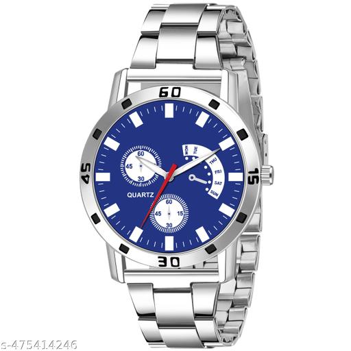 Trendy Steel Round Blue Dial Analog Wrist Watch For Men and Boys