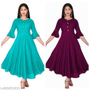Stylish New Fashionable Women Casual Solid Round Neck Anarkali Rayon Kurta (Aqua Blue, Wine) (Pack Of 2)
